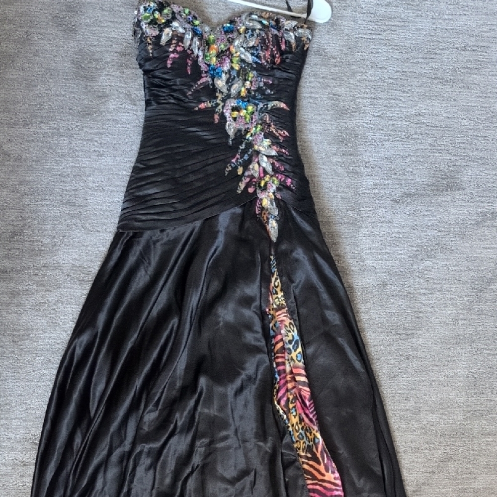 Tony Bowls Black Strapless Dress with Vibrant Embellishments